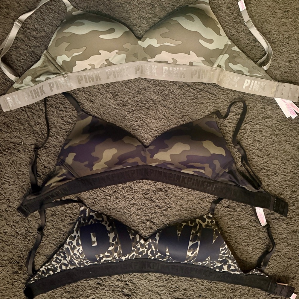 PINK Victoria's Secret Camouflage and Leopard Print Bra Trio